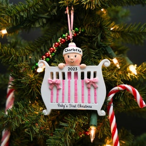 Baby Girl in Crib Personalize Christmas Ornament, Baby's First Christmas Ornament for Christmas Tree, Baby Shower Gift for New Mom, Parents