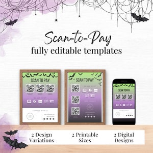 Scannen om QR-codeteken te betalen, Halloween digitale scan om te betalen-sjabloon, bewerkbare betaalkaart, Canva-sjabloon, kleine bedrijven, foodtruck, salon