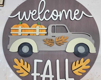 Welcome Fall Pumpkin Truck Sign, Fall Door Hanger, Fall Wall Decoration, Welcome Fall Sign, Pumpkin Truck and Fall Leaves Sign, Fall Decor