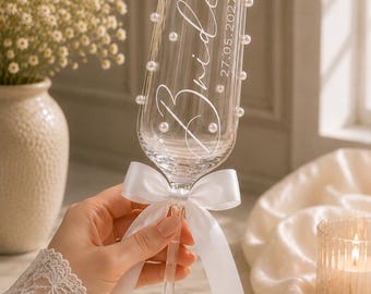 Personalised Bride Champagne Pearl Glass , Wedding morning champagne glass , Bridal Keepsake, Hen Party Gift, Custom Bride Flute