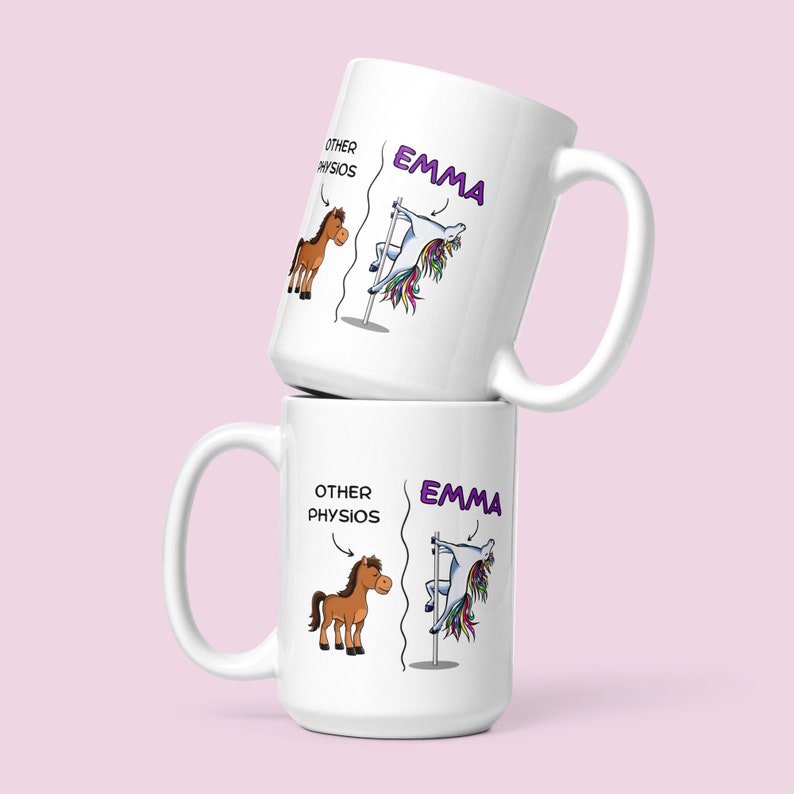 Other physios vs you . The mug comes personalised and shows a horse on one side of the mug and a unicorn on the other side of the mug. It is a funny mug for a physiotherapist. The mug is double sided and this picture showcases the 15oz white mug.