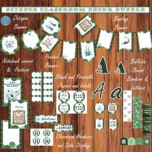 May include: A science classroom decor bundle featuring banners, posters, notebook covers, bulletin board letters, and labels. The set includes illustrations of atoms, chemistry equipment, and the text "Science Classroom Décor Bundle," "The Scientific Method," "Chemistry," "Hall Pass," "Welcome," and "January."