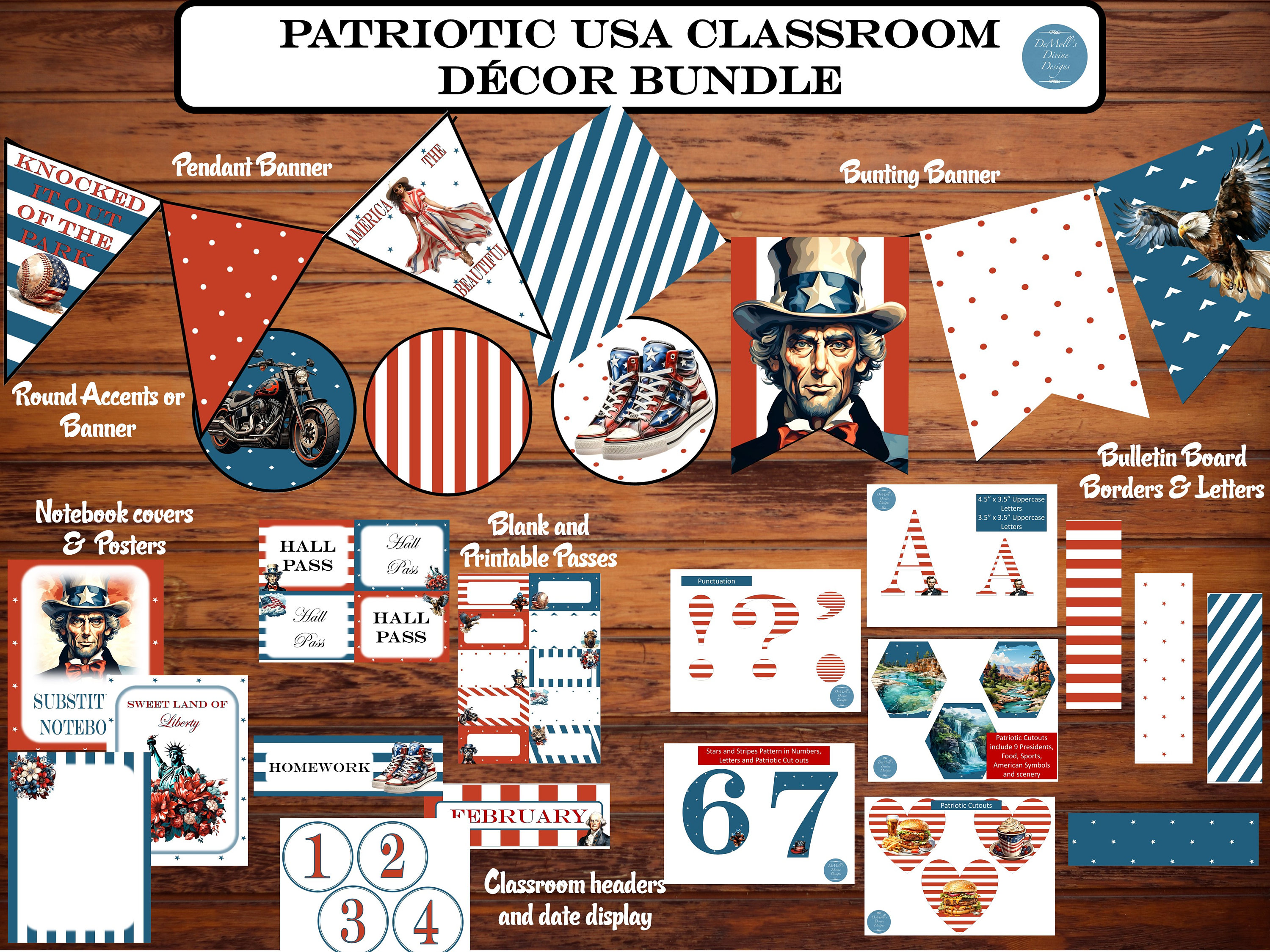 Patriotic USA Classroom Decor Bundle: Banners, Signs (Digital Download)