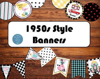 May include: A collection of decorative paper banners featuring circular and triangular pennants with patterns like black polka dots, yellow gingham, and black-and-white checkers, alongside illustrations of a classic car, diner, and jukebox.