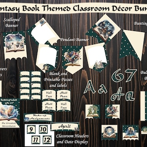 May include: A fantasy book-themed classroom decor bundle. It features scalloped and bunting banners, notebook covers, posters, and bulletin board borders. The design includes illustrations of open books with magical scenes and the text "Reading Strategies". Includes letters and numbers.