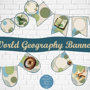 Könnte beinhalten: Ein Banner-Set mit dem Thema Weltgeographie. Das Banner zeigt Wimpel und kreisförmige Dekorationen mit Bildern eines Globus, eines Kompasses, einer Karte und anderen reisebezogenen Illustrationen. Der Text "World Geography Banners" ist prominent dargestellt.