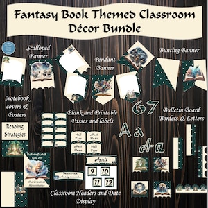 Op de afbeelding: Een decoratiepakket voor het klaslokaal met een fantasy-boekthema, inclusief een geschulpte banner, wimpelbanner, notitieboekcovers, posters, blanco printbare passen, labels, prikbordranden, letters en een datumweergave.