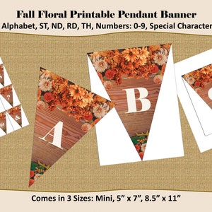 Banner con ciondolo floreale autunnale stampabile: un modo bello e conveniente per decorare per l'autunno e il Ringraziamento. Alfabeto completo, numeri e caratteri