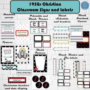 May include: A collection of 1950s Christian classroom signs and labels featuring notebook covers, printable passes, blank schedules, posters, and binder labels. The designs include retro jukeboxes, radios, and polka dot patterns in pink, black, and teal.