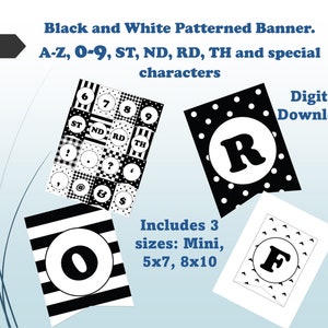 Banner met zwart-wit patroon: alfabet, cijfers, tekens (digitale download)