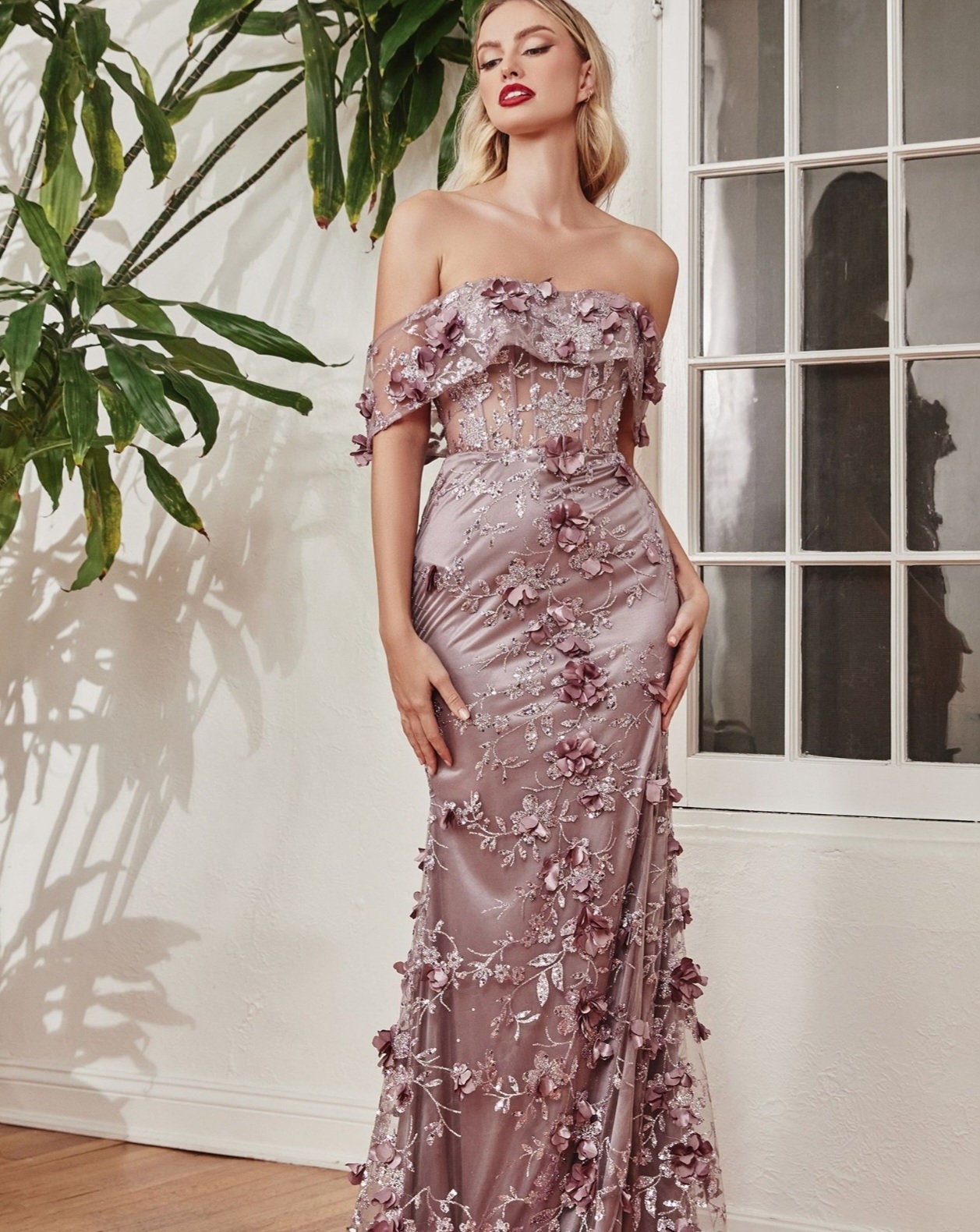 Off Shoulder Gown with 3D Flowers and Feathers main image 1