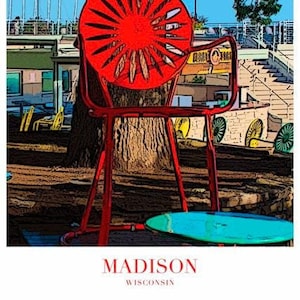 May include: A red metal chair with a circular back and a starburst design. The chair is sitting under a large tree with green leaves. The chair is in front of a building with a wooden deck and steps. The text "MADISON WISCONSIN" is at the bottom of the image.
