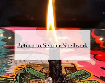 May include: A black candle with a white crystal on top is lit and burning. The candle is on a colourful tray with the words "Return to Sender Spellwork" written on a white label.