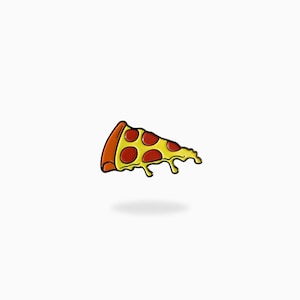 May include: A yellow and red enamel pin shaped like a slice of pizza with pepperoni and melted cheese. The pizza slice is dripping with cheese.
