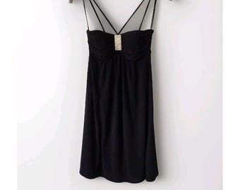 B DARLIN Spaghetti Strap Mini Dress Black Sz 3/4 w Crystal Brooch Attached