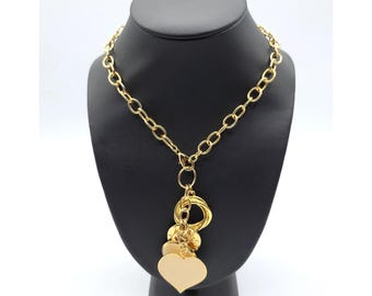 Vintage Goldtone Open Link Choker Necklace Multi Charm Pendant Enamel Hearts