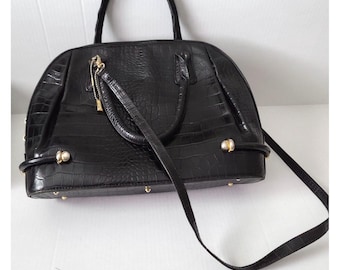 Vintage Bally Doctor Bag Purse Black Croc Embossed Leather Goldtone Trim Double Handle + Crossbody