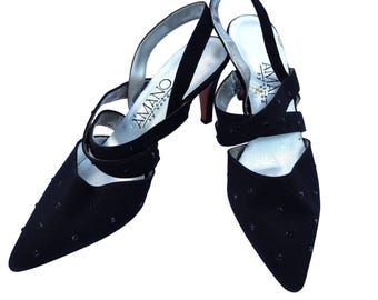 Vtg Amano Handmade Fabric Beaded Slingback 3.5" Heels Sz 10 Leather Sole Pointed