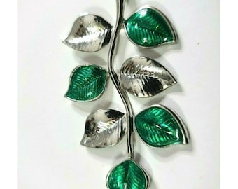 Multi Leaf Pendant Silvertone + Green 3" Long 1.5" Wide Polished Shiny