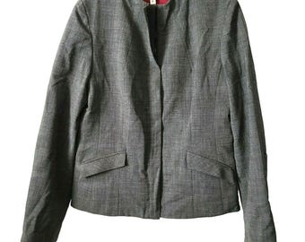 Chaqueta blazer negra vintage Emma, talla 6, gris, negra, beige, corta, con cremallera frontal, manga larga, sin cuello
