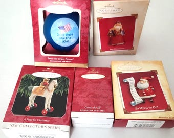 Hallmark Keepsake Ornaments Lot of 5-Curius the Elf, 2 Santas, Pony, USA Snowman