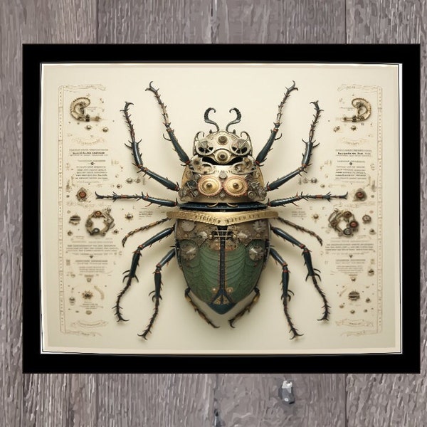 Mechanical Beetle Bug Digital Printable file, Versatile, Wall Art, and Decor, Heavy Metal Beetle, Gears and Cogs, Gold Toned