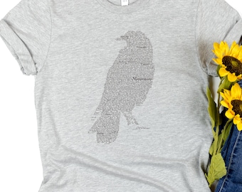 Edgar Allan Poe Entire Text of "The Raven" Shirt, Great Book Lover's Gift, 100% Cotton (TEXTARTRAVEN5-LT)