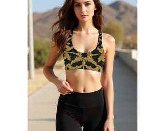 Women's Sports Bra, Black and Gold Pattern
