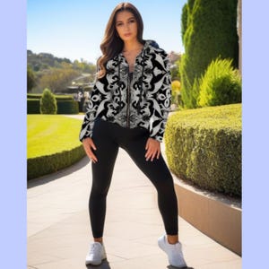 Zwart-zilveren hoodie met rits en capuchon voor dames,