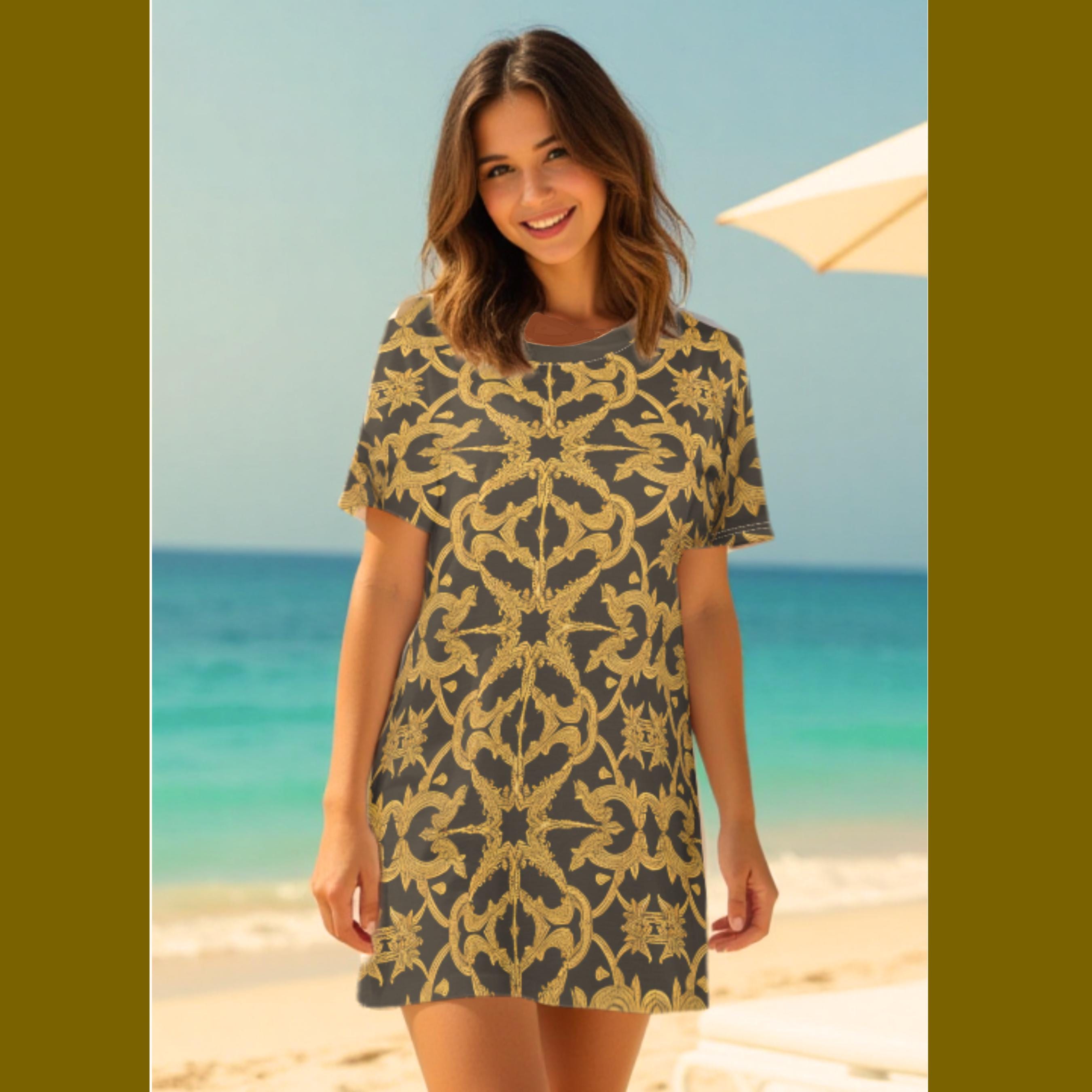Women's Black and Gold Pattern T-Shirt Skirt Dress,