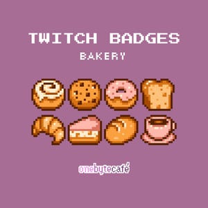 Puede incluir: Un conjunto de ocho insignias de Twitch en pixel art con temática de panadería sobre un fondo morado. Los iconos incluyen un rollo de canela, una galleta, un donut, una rebanada de pan, un croissant, un trozo de pastel, pan y una taza de café.