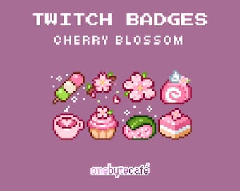 Badge di sub con fiori di ciliegio carini per Twitch, badge di bit con pixel art, Sakura giapponese, risorse di streaming predefinite