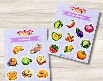 Pixel Art Food Sticker Sheets - Cute Pixelated Breakfast, Vegetables - Planner Stickers, Decals - Unique Digital Art Stickers