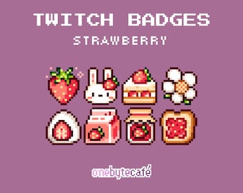 Cute Strawberry Sub Badges for Twitch, Food Art Bit Badges, Bunnies and Flowers, Premade Streaming Assets