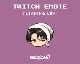 Simpatico emote di Levi che fa le pulizie per Twitch, badge in pixel art, Attack on Titan, risorse predefinite per lo streaming