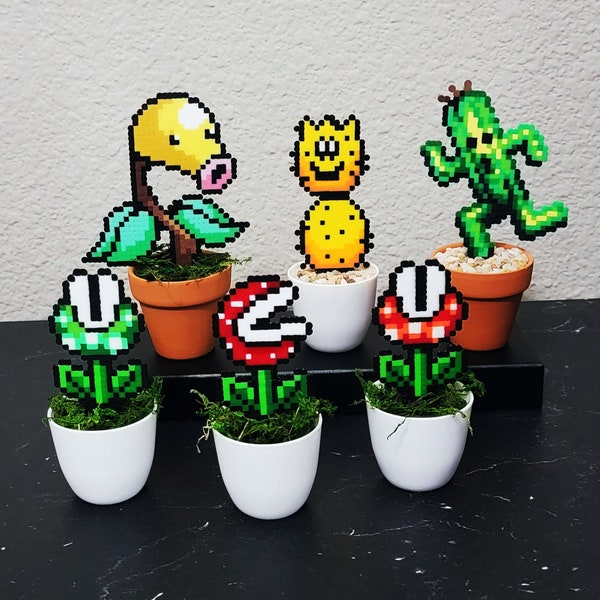 Video Game Perler Bead Plant Decorations | Geeky Gamer Potted Plants | Classic Video Games