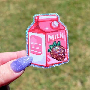 Strawberry Milk Sparkly Pixel Art Sticker | Cute Retro Kawaii Design | Vinyl Decal for Laptops, Water Bottles, and Notebooks
