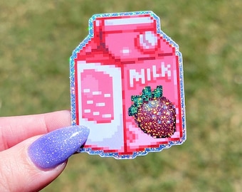 Strawberry Milk Sparkly Pixel Art Sticker | Cute Retro Kawaii Design | Vinyl Decal for Laptops, Water Bottles, and Notebooks