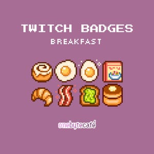 Könnte beinhalten: Pixel-Art-Twitch-Badges mit Frühstücksgerichten wie Zimtschnecken, Eiern, Speck, Toast und Pfannkuchen. Der Text "TWITCH BADGES BREAKFAST" wird über den Essenssymbolen auf einem lila Hintergrund angezeigt. Der Text "onebytecafe" befindet sich unten.