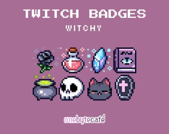 Cute Goth Sub Badges for Twitch, Pixel Art Bit Badges, Witchy Crystals Spells, Premade Streaming Assets