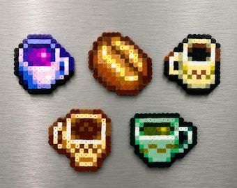 Stardew Valley Caffeine Magnets, Perler Bead Pixel Art Magnets, Handmade Gamer Gift, Coffee & Energy Drink Magnets, Cozy Game Decor