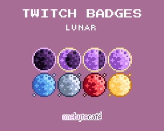 Graficini per abbonati a Twitch con la luna, badge in pixel art, fasi lunari, risorse predefinite per lo streaming.