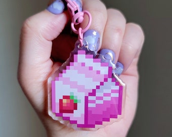 Strawberry Milk Acrylic Keychain - Plain or Holo Epoxy Finish - Cute and Whimsical Accessory