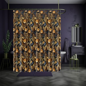 Moody Goblincore Black Botanical Shower Curtain Dark Academia Cottagecore Vintage Apothecary Herbs & Plants Eclectic Maximalist Bathroom