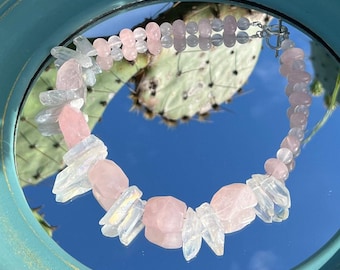 Rose and Clear Quartz Necklace,Natural quartz necklace,Unique quartz jewelry,Handcrafted stone necklace