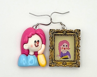 Brincos exclusivos incompatíveis – Menina e pintura, joias de declaração artística, brincos artísticos, brincos abstratos, joias de arte moderna