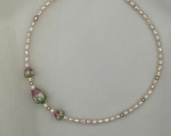 Pearl Necklace with Pink Tulip Lampwork Beads,Handcrafted pearl necklace,Spring flower jewelry