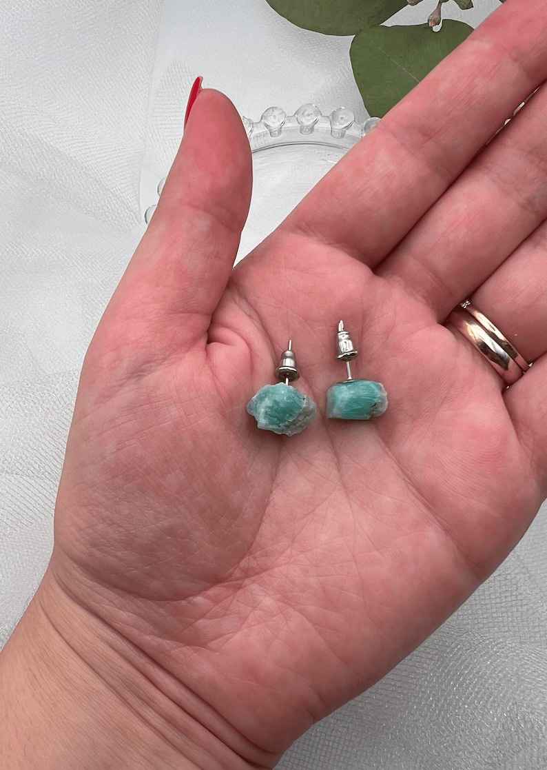 Aragonite Stud Earrings, Natural Blue Aragonite, Gemstone Earrings, 8-15 mm Diameter, Handmade Aragonite Ear Studs, 1 random pair from set image 2