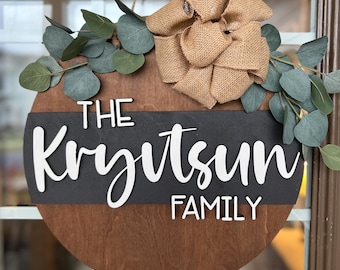 Personalized Family Name Door Hanger: 3D Wood Round Wreath