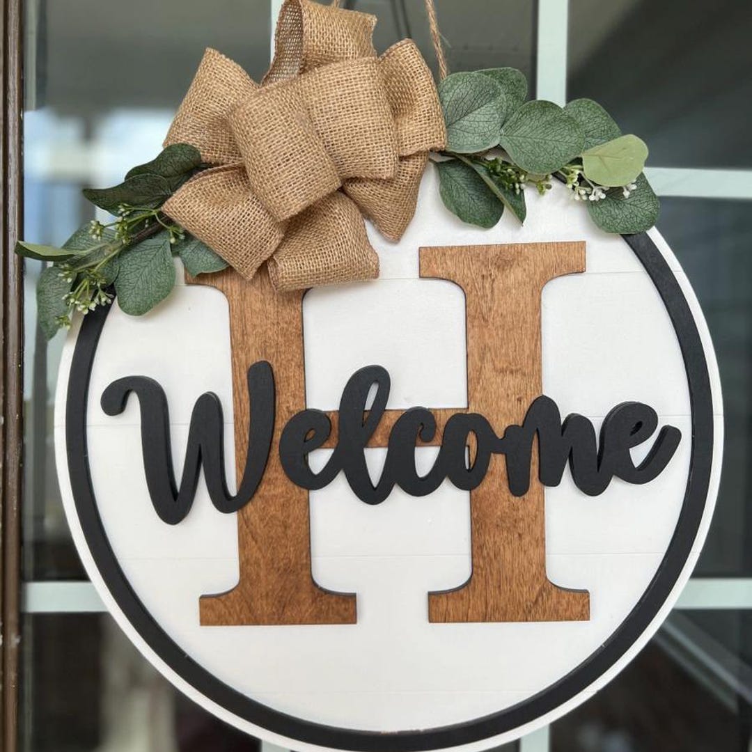 Personalized Monogram Welcome Door Hanger | 3D Wood Initial, Front Door Decor